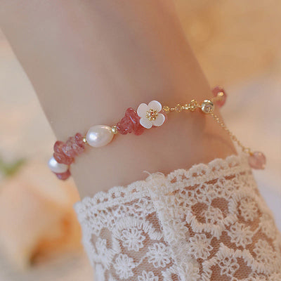 Buddha Stones White Flower Pearl Natural Irregular Strawberry Quartz Healing Chain Bracelet - Strawberry Quartz(Wrist Circumference: 14-18cm) - image 0