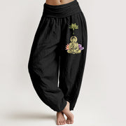 Buddha Stones Pure Cotton Traditional Lotus Buddha Pattern Women's Elastic Waist Harem Pants - Black - US16，UK/AU20，EU48 (3XL) - image 0