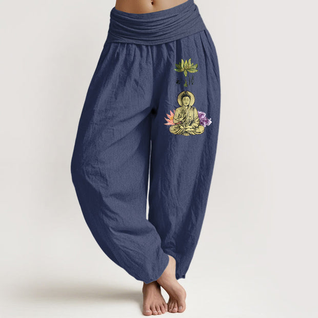 Buddha Stones Pure Cotton Traditional Lotus Buddha Pattern Women's Elastic Waist Harem Pants - DarkSlateBlue - US16，UK/AU20，EU48 (3XL) - image 5
