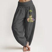 Buddha Stones Pure Cotton Traditional Lotus Buddha Pattern Women's Elastic Waist Harem Pants - DimGray - US16，UK/AU20，EU48 (3XL) - image 8