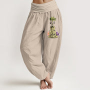 Buddha Stones Pure Cotton Traditional Lotus Buddha Pattern Women's Elastic Waist Harem Pants - Tan - US16，UK/AU20，EU48 (3XL) - image 11