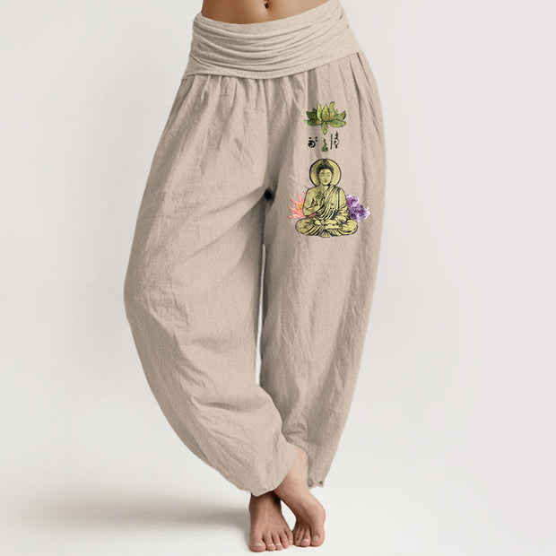 Buddha Stones Pure Cotton Traditional Lotus Buddha Pattern Women's Elastic Waist Harem Pants - Tan - US16，UK/AU20，EU48 (3XL) - image 11