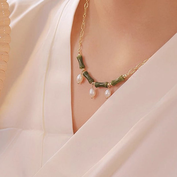 Buddha Stones Tianshan Jade Bamboo Pearl Abundance Wealth Necklace Pendant - image 9