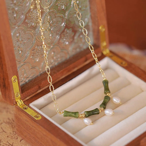 Buddha Stones Tianshan Jade Bamboo Pearl Abundance Wealth Necklace Pendant - image 0