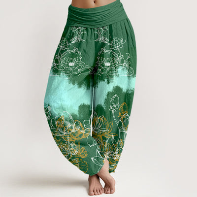 Buddha Stones Cotton Colorful Lotus Pattern Women's Elastic Waist Harem Pants - Green - US16，UK/AU20，EU48 (3XL) - image 0