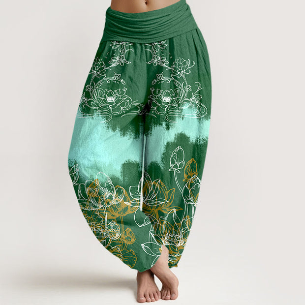 Buddha Stones Cotton Colorful Lotus Pattern Women's Elastic Waist Harem Pants - Green - US16，UK/AU20，EU48 (3XL) - image 0