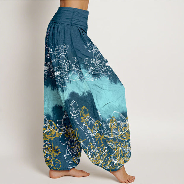 Buddha Stones Cotton Colorful Lotus Pattern Women's Elastic Waist Harem Pants - image 10