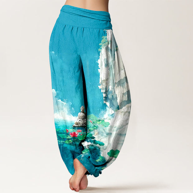 Buddha Stones Cotton Lotus Flower Leaf Rocks Water Surface Cloud Buddha Pattern Women's Elastic Waist Harem Pants - image 1