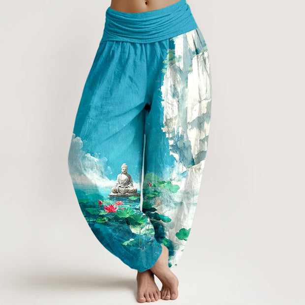 Buddha Stones Cotton Lotus Flower Leaf Rocks Water Surface Cloud Buddha Pattern Women's Elastic Waist Harem Pants - DeepSkyBlue - US16，UK/AU20，EU48 (3XL) - image 0