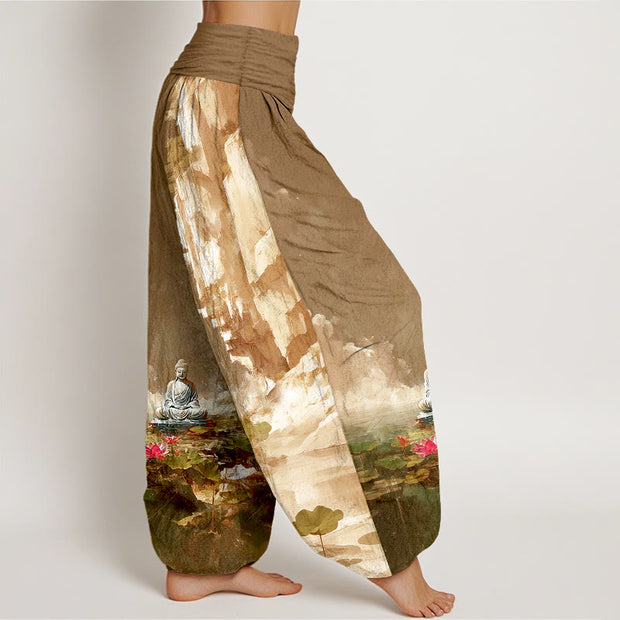 Buddha Stones Cotton Lotus Flower Leaf Rocks Water Surface Cloud Buddha Pattern Women's Elastic Waist Harem Pants - image 10