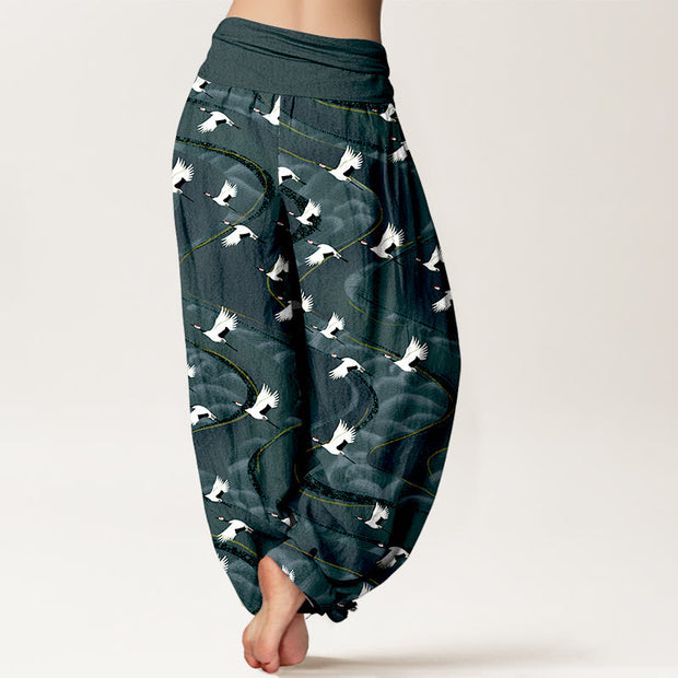 Buddha Stones Cotton Elegant Cranes Winding Lines Pattern Women's Elastic Waist Harem Pants - image 1