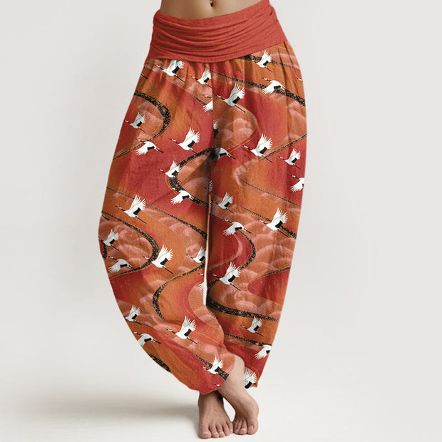 Buddha Stones Cotton Elegant Cranes Winding Lines Pattern Women's Elastic Waist Harem Pants - Tomato - US16，UK/AU20，EU48 (3XL) - image 5