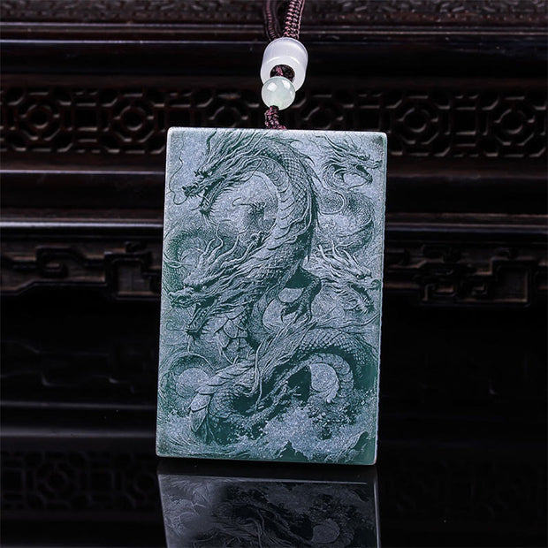 Buddha Stones Dragon Rectangular Jade Rope Luck Success Necklace Pendants - image 1