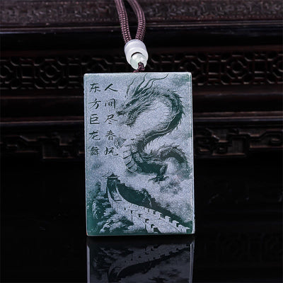 Buddha Stones Dragon Rectangular Jade Rope Luck Success Necklace Pendants - Dargon(Size: 50*30*6mm) - image 0