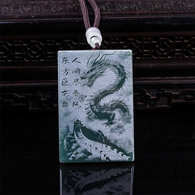 Buddha Stones Dragon Rectangular Jade Rope Luck Success Necklace Pendants - Dargon(Size: 50*30*6mm) - image 0