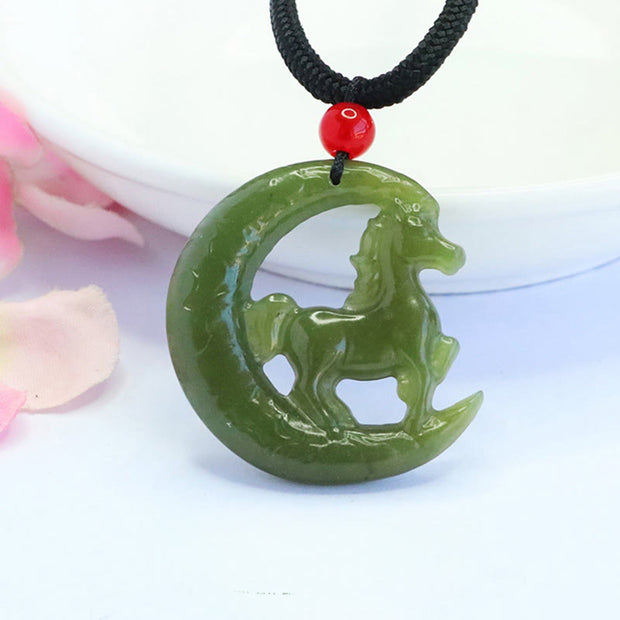 Buddha Stones Chinese Zodiac Year Of The Horse Charm Carved Jade Luck Prosperity Necklace Pendants - Jade(Abundance ♥ Luck) - 29*28*5mm - image 0