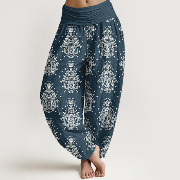Buddha Stones Cotton Neatly Arranged Hamsa's Hand Pattern Women's Elastic Waist Harem Pants - SteelBlue - US16，UK/AU20，EU48 (3XL) - image 5