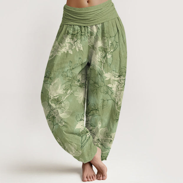 Buddha Stones Cotton Fresh Flower Bud Pattern Women's Elastic Waist Harem Pants - YellowGreen - US16，UK/AU20，EU48 (3XL) - image 0