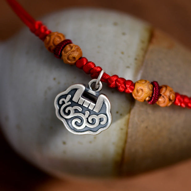 Buddha Stones Silver Longevity Lock Red String Peach Wood Bead Protection Adjustable Cats Small Dogs Pet Collar - image 13