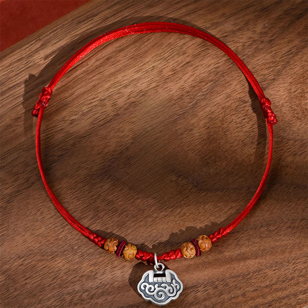 Buddha Stones Silver Longevity Lock Red String Peach Wood Bead Protection Adjustable Cats Small Dogs Pet Collar - image 1