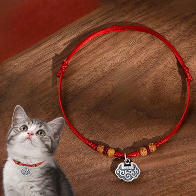 Buddha Stones Silver Longevity Lock Red String Peach Wood Bead Protection Adjustable Cats Small Dogs Pet Collar - Red Rope - 50-65cm - image 0