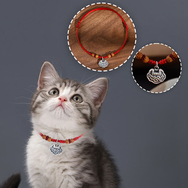 Buddha Stones Silver Longevity Lock Red String Peach Wood Bead Protection Adjustable Cats Small Dogs Pet Collar - image 14