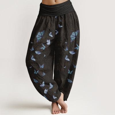 Buddha Stones Cotton Dreamlike Butterfly Leaf Pattern Women's Elastic Waist Harem Pants - Black - US16，UK/AU20，EU48 (3XL) - image 0