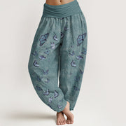 Buddha Stones Cotton Dreamlike Butterfly Leaf Pattern Women's Elastic Waist Harem Pants - Teal - US16，UK/AU20，EU48 (3XL) - image 5