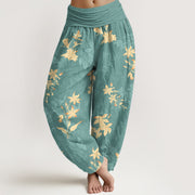 Buddha Stones Cotton Fresh Refined Flower Leaf Pattern Women's Elastic Waist Harem Pants - LightSeaGreen - US16，UK/AU20，EU48 (3XL) - image 5
