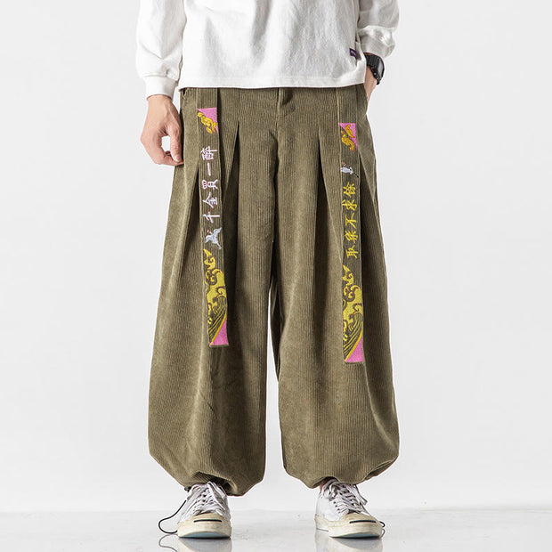 Buddha Stones Fall Winter Lace-up Chinese Character Embroidery Men's Corduroy Pants With Pockets - OliveDrab - US/UK/AU46，EU56 (5XL) - image 8