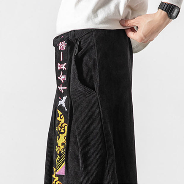 Buddha Stones Fall Winter Lace-up Chinese Character Embroidery Men's Corduroy Pants With Pockets - image 2