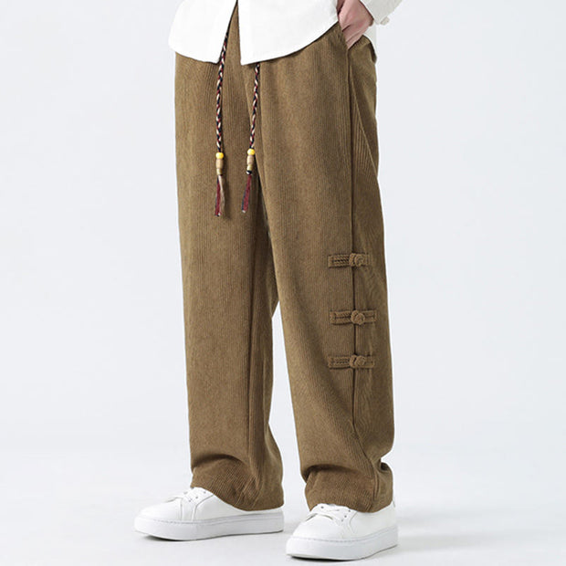 Buddha Stones Winter Solid Frog-Button Men's Drawstring Corduroy Straight Leg Pants With Pockets - image 6