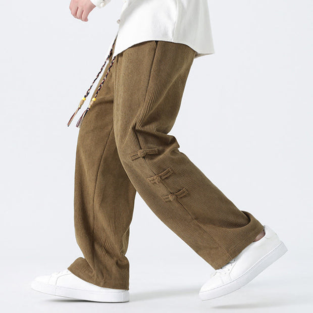 Buddha Stones Winter Solid Frog-Button Men's Drawstring Corduroy Straight Leg Pants With Pockets - image 7