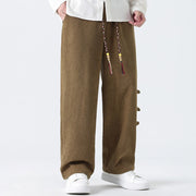 Buddha Stones Winter Solid Frog-Button Men's Drawstring Corduroy Straight Leg Pants With Pockets - image 1