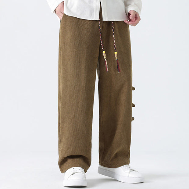 Buddha Stones Winter Solid Frog-Button Men's Drawstring Corduroy Straight Leg Pants With Pockets - image 1