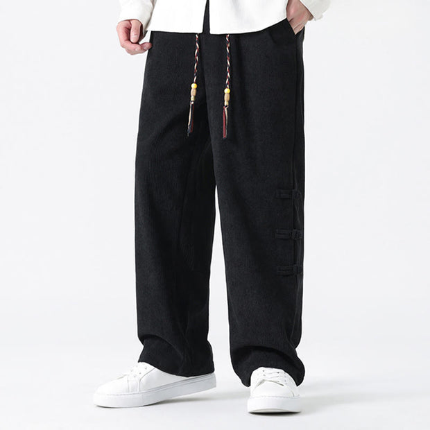Buddha Stones Winter Solid Frog-Button Men's Drawstring Corduroy Straight Leg Pants With Pockets - image 18