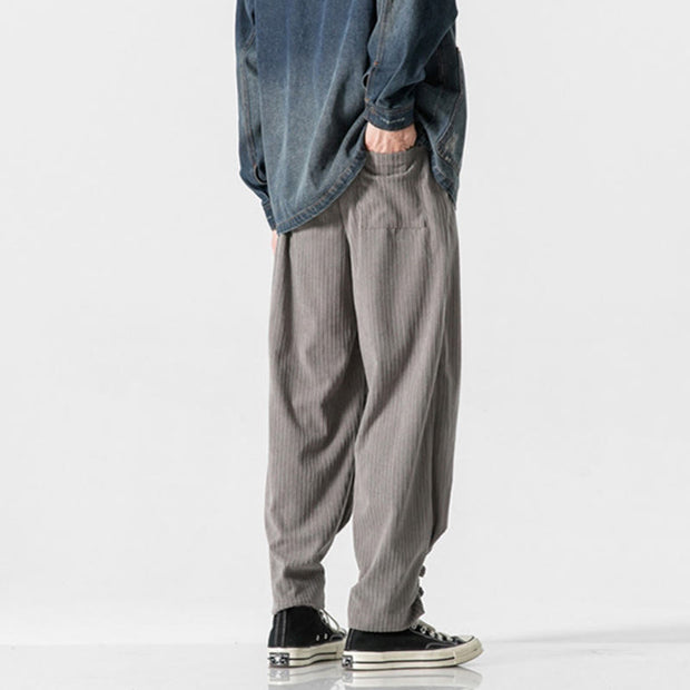 Buddha Stones Fall Winter Men's Pure Color Button Design Cotton Straight Leg Pants With Pockets - image 4