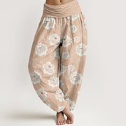 Buddha Stones Cotton Elegant White Flowers Pattern Women's Elastic Waist Harem Pants - PeachPuff - US16，UK/AU20，EU48 (3XL) - image 0