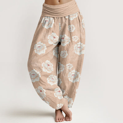 Buddha Stones Cotton Elegant White Flowers Pattern Women's Elastic Waist Harem Pants - PeachPuff - US16，UK/AU20，EU48 (3XL) - image 0