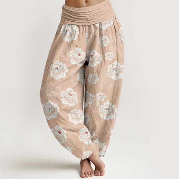 Buddha Stones Cotton Elegant White Flowers Pattern Women's Elastic Waist Harem Pants - PeachPuff - US16，UK/AU20，EU48 (3XL) - image 0