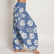 Buddha Stones Cotton Elegant White Flowers Pattern Women's Elastic Waist Harem Pants - image 7