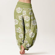 Buddha Stones Cotton Elegant White Flowers Pattern Women's Elastic Waist Harem Pants - image 9