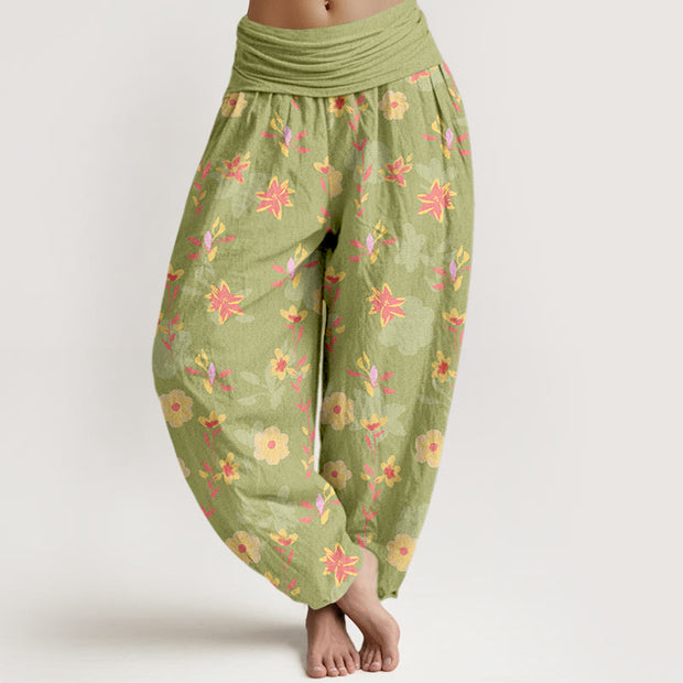 Buddha Stones Cotton Simple Refreshing Flower Leaf Pattern Women's Elastic Waist Harem Pants - YellowGreen - US16，UK/AU20，EU48 (3XL) - image 8