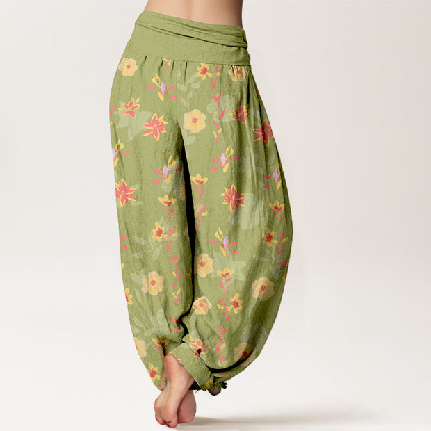 Buddha Stones Cotton Simple Refreshing Flower Leaf Pattern Women's Elastic Waist Harem Pants - image 9