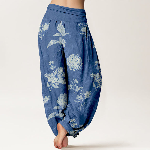 Buddha Stones Cotton Refresh Hydrangea Clustered Flowers Pattern Women's Elastic Waist Harem Pants - image 6