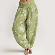 Buddha Stones Cotton Refresh Hydrangea Clustered Flowers Pattern Women's Elastic Waist Harem Pants - YellowGreen - US16，UK/AU20，EU48 (3XL) - image 8