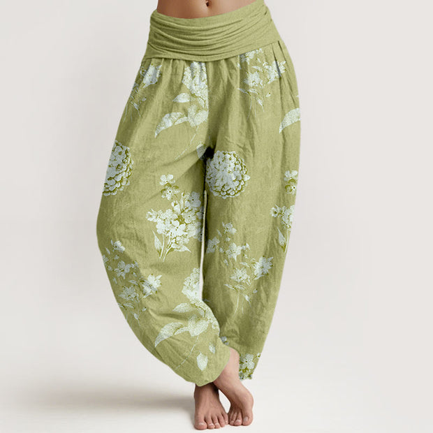 Buddha Stones Cotton Refresh Hydrangea Clustered Flowers Pattern Women's Elastic Waist Harem Pants - YellowGreen - US16，UK/AU20，EU48 (3XL) - image 8