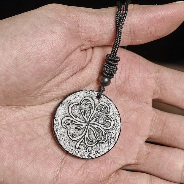 Buddha Stones Four Leaf Clover Authentic Shungite Stone Graphite Stone Protection Necklace Pendant - image 4