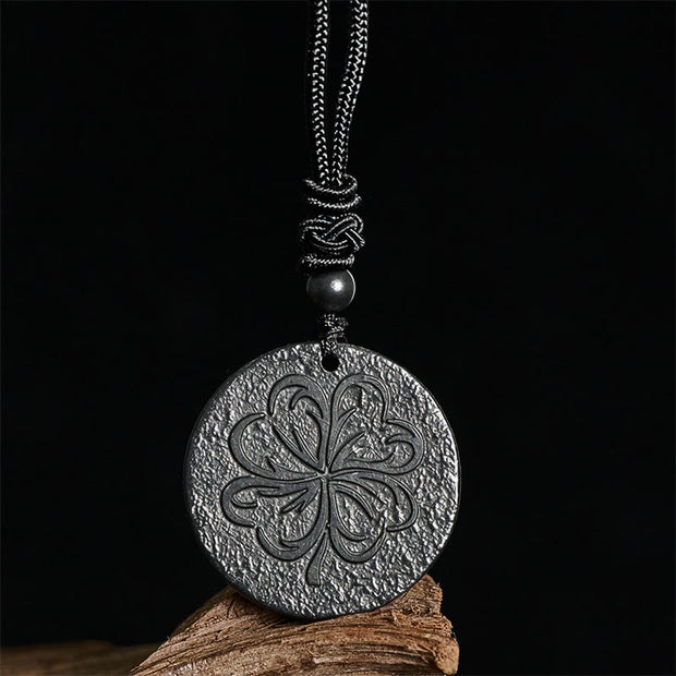 Buddha Stones Four Leaf Clover Authentic Shungite Stone Graphite Stone Protection Necklace Pendant - image 1