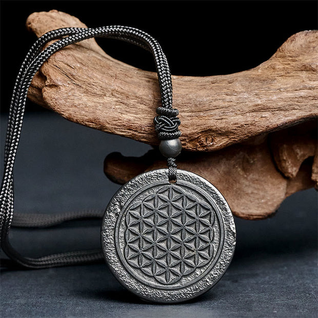 Buddha Stones Flower of Life Carving Design Authentic Shungite Stone Protection Necklace Pendant - image 3